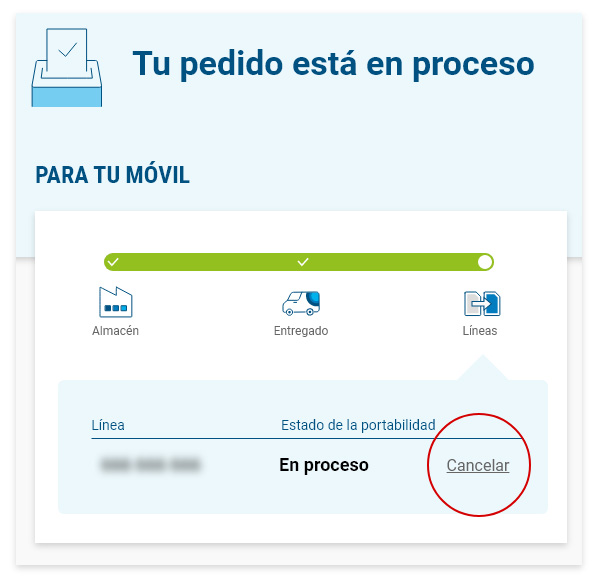 El enlace para cancelar está dentro del estado de la portabilidad en el seguimiento de pedido